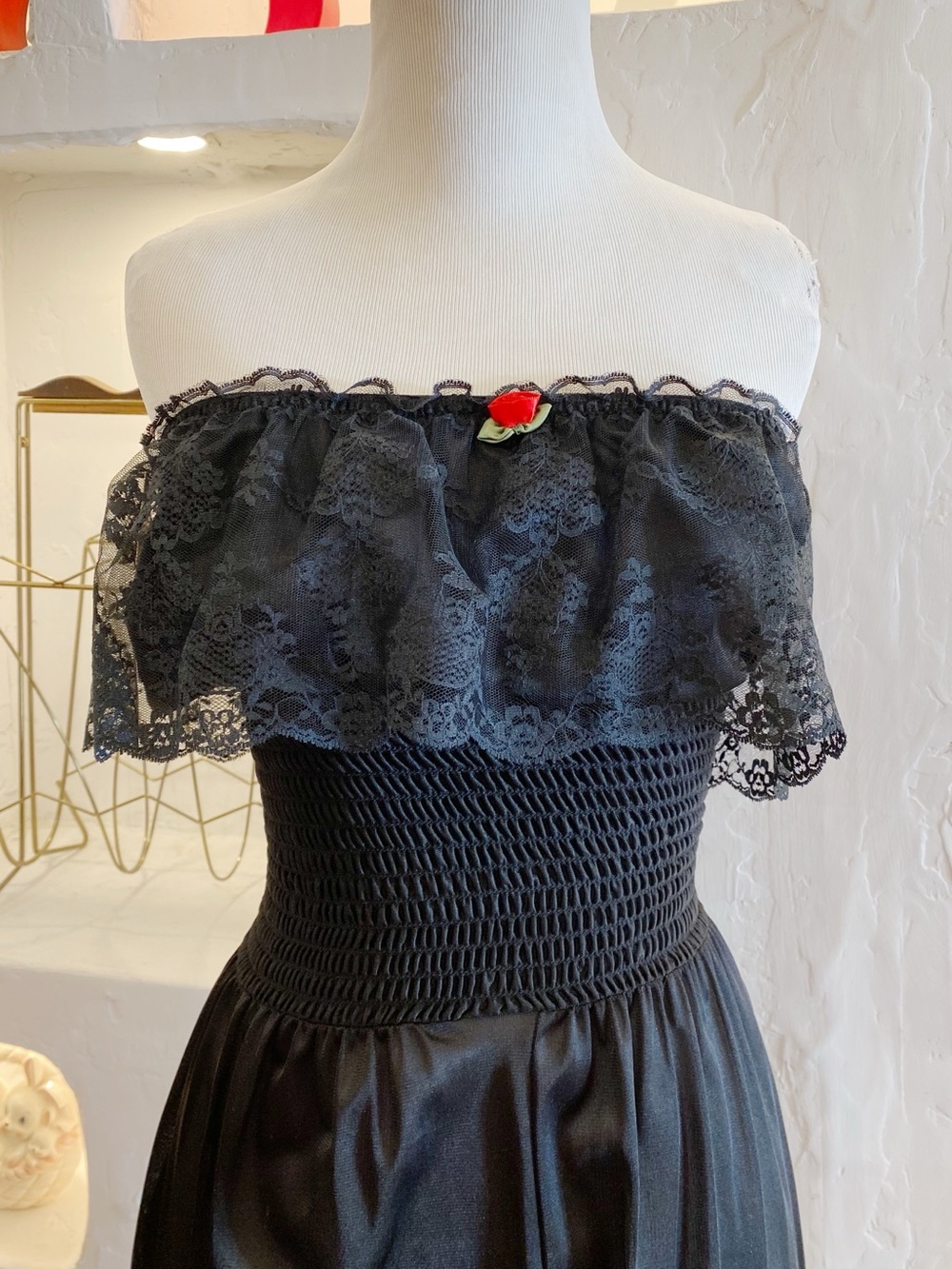 Retro Black Strapless Lace and Nylon Lingerie Jumpsuit with Cinched Waist